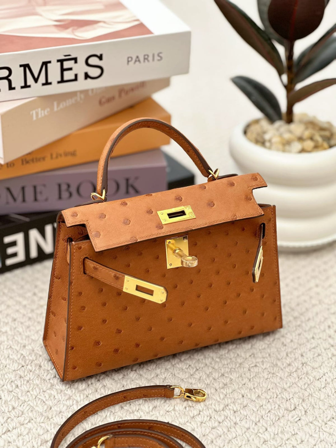 Hermes Inspired Kelly Sellier 20 Gold Ostrich Gold Hardware