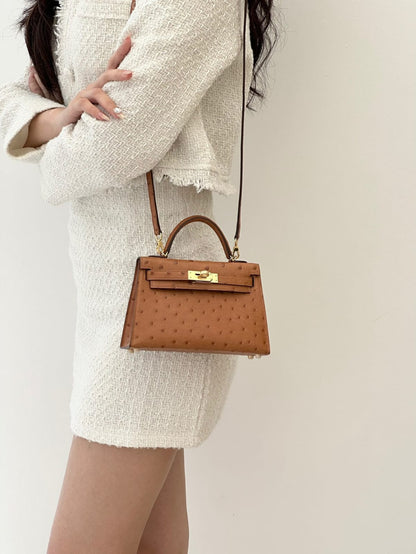 Hermes Inspired Kelly Sellier 20 Gold Ostrich Gold Hardware