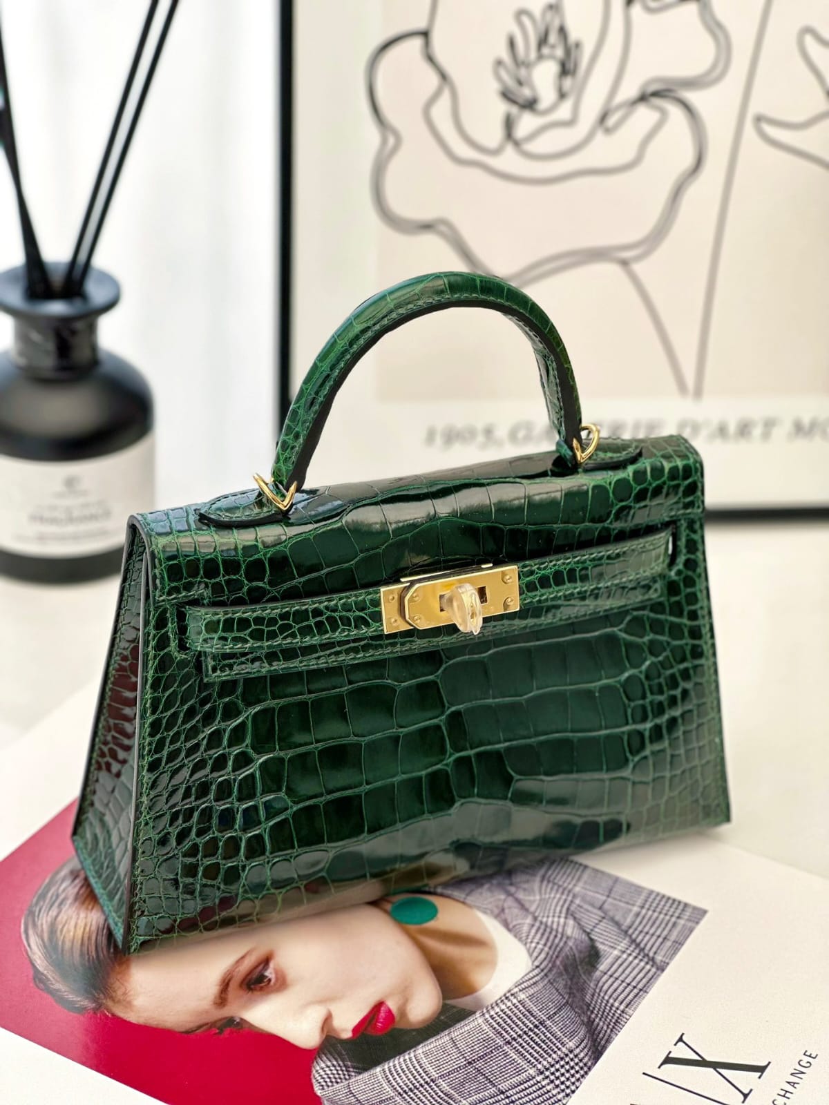 Hermes Inspired Kelly Sellier Mini II Vert Fonce Lisse Crocodile Alligator