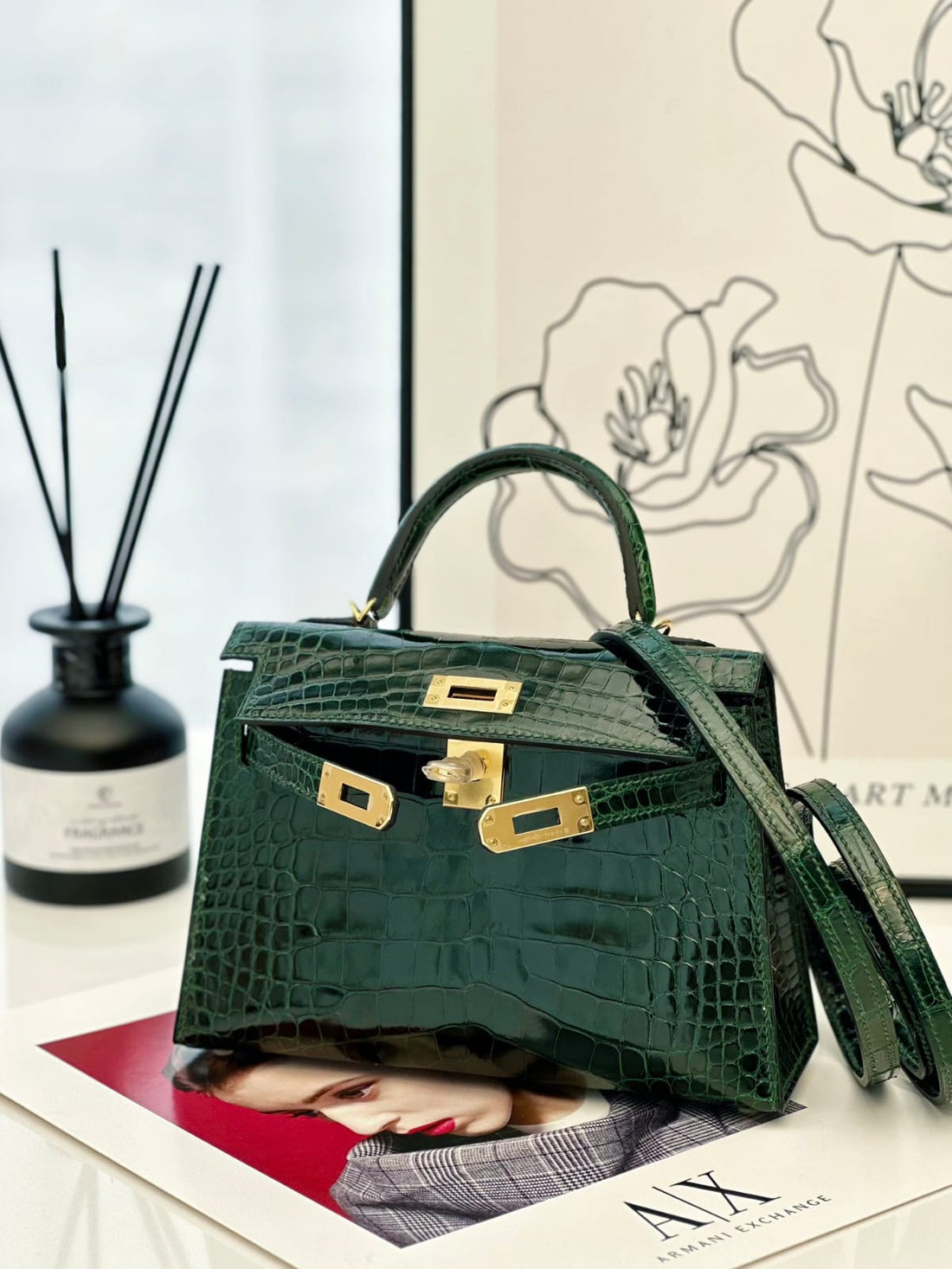 Hermes Inspired Kelly Sellier Mini II Vert Fonce Lisse Crocodile Alligator