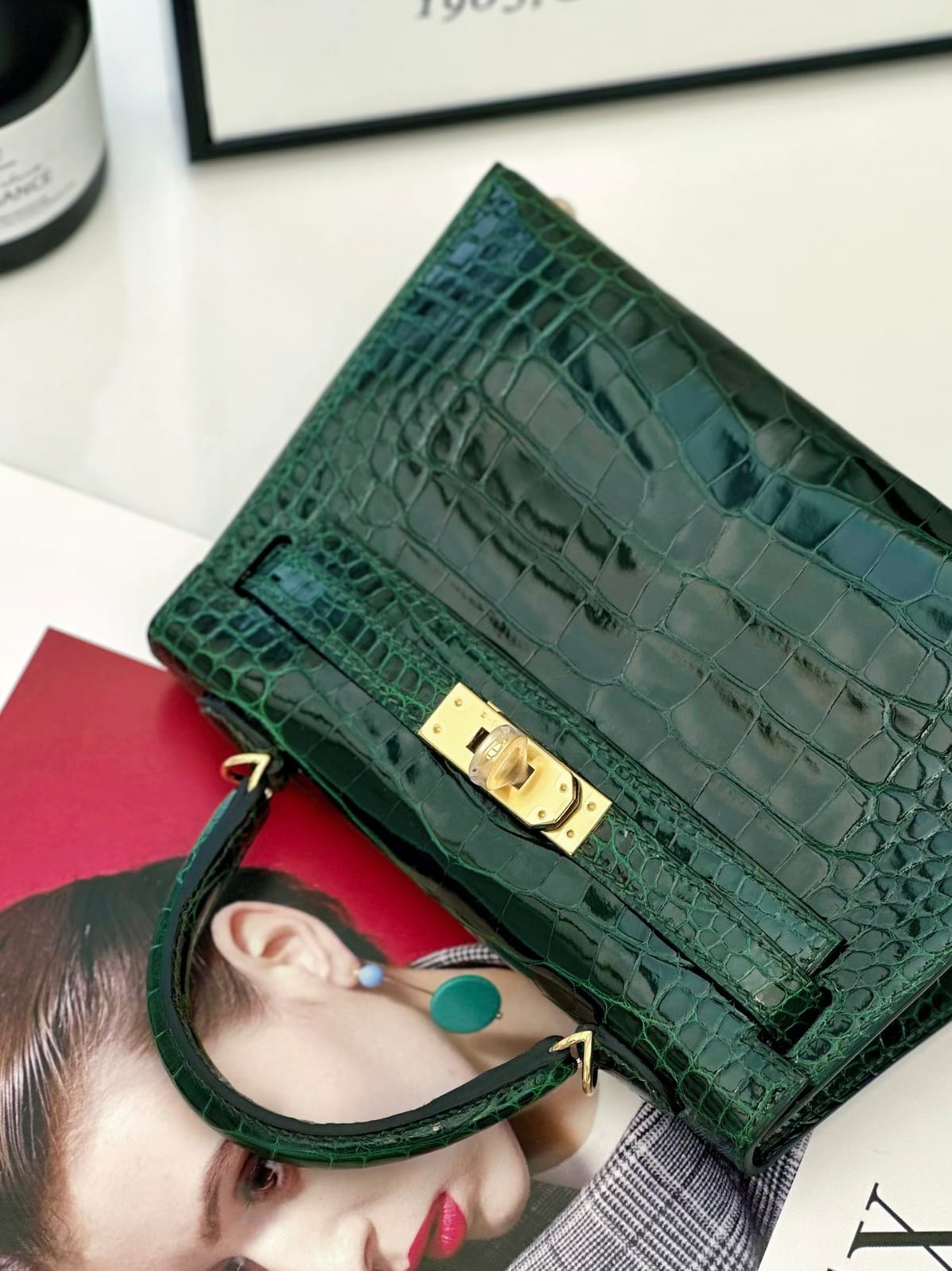 Hermes Inspired Kelly Sellier Mini II Vert Fonce Lisse Crocodile Alligator