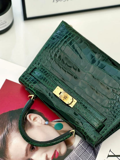 Hermes Inspired Kelly Sellier Mini II Vert Fonce Lisse Crocodile Alligator