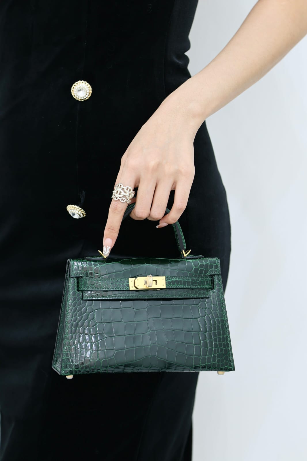 Hermes Inspired Kelly Sellier Mini II Vert Fonce Lisse Crocodile Alligator