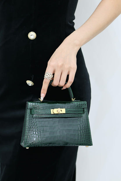 Hermes Inspired Kelly Sellier Mini II Vert Fonce Lisse Crocodile Alligator