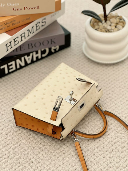 HERMES Inspired HSS Special Order Ostrich Mini Kelly handbag in Pearl Gray and Beton with Permabrass hardware