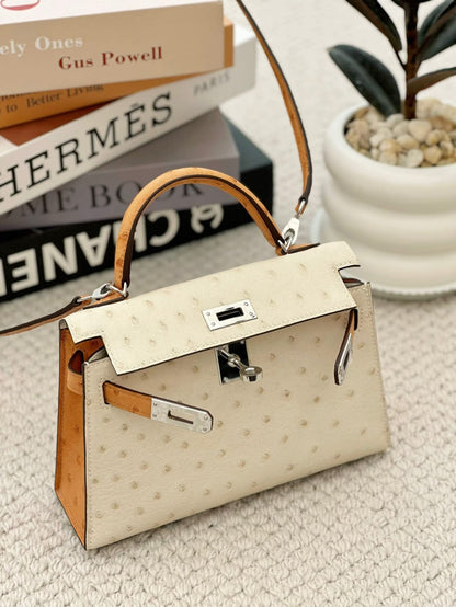 HERMES Inspired HSS Special Order Ostrich Mini Kelly handbag in Pearl Gray and Beton with Permabrass hardware