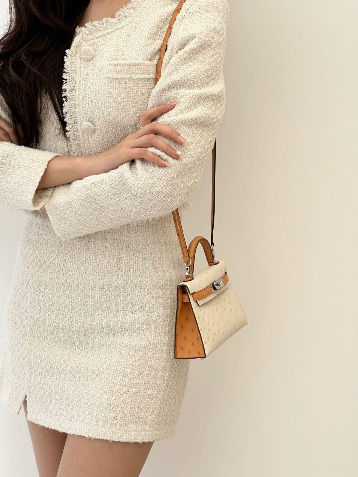 HERMES Inspired HSS Special Order Ostrich Mini Kelly handbag in Pearl Gray and Beton with Permabrass hardware