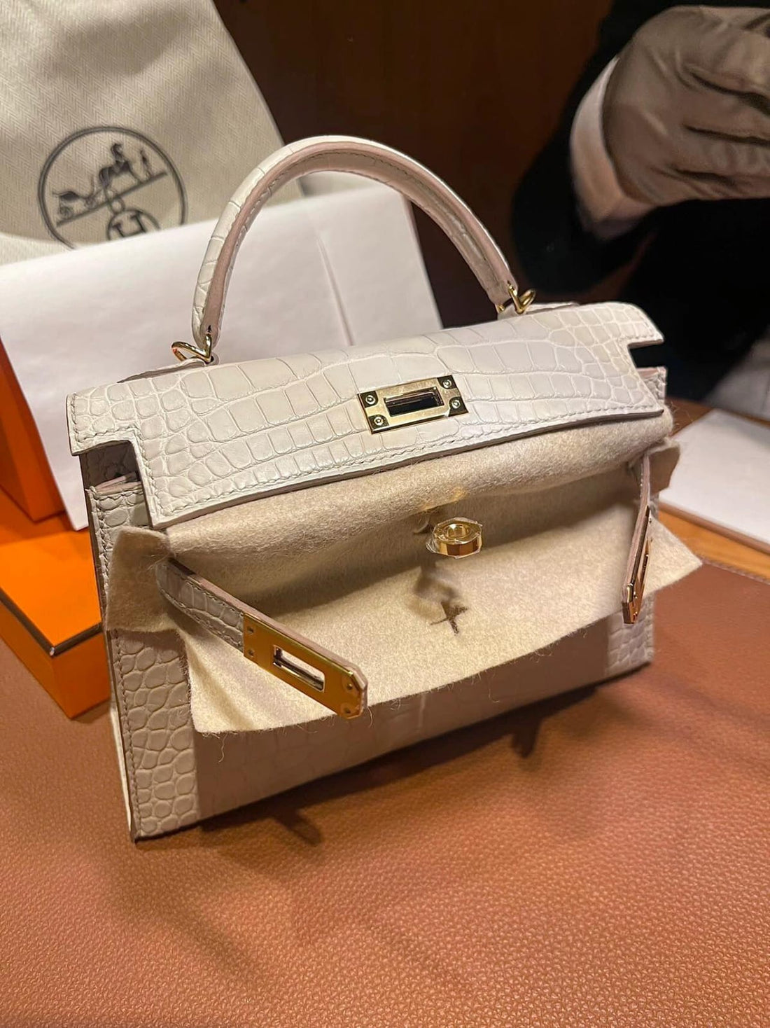 HERMES Inspired HSS Special Order Ostrich Mini Kelly handbag in Pearl Gray and Beton with Permabrass hardware