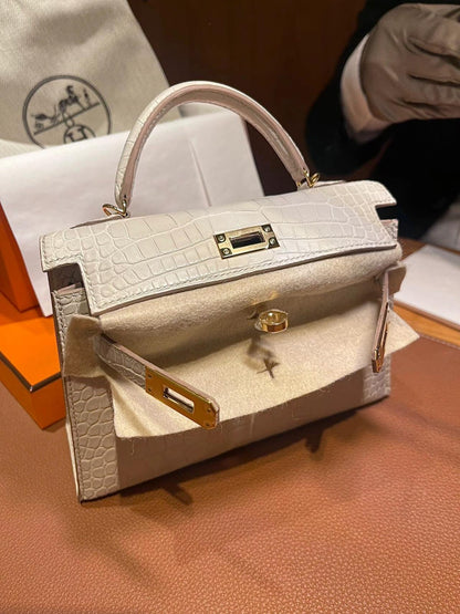 HERMES Inspired HSS Special Order Ostrich Mini Kelly handbag in Pearl Gray and Beton with Permabrass hardware