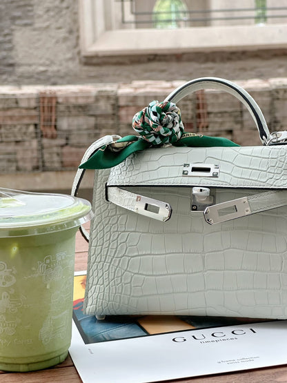 HERMES Inspired Mini Kelly II Vert d’Eau (6U) Matte Alligator Palladium hardware