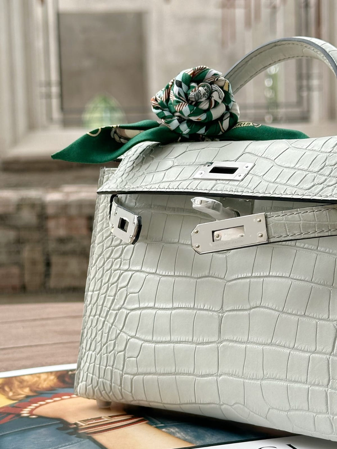 HERMES Inspired Mini Kelly II Vert d’Eau (6U) Matte Alligator Palladium hardware