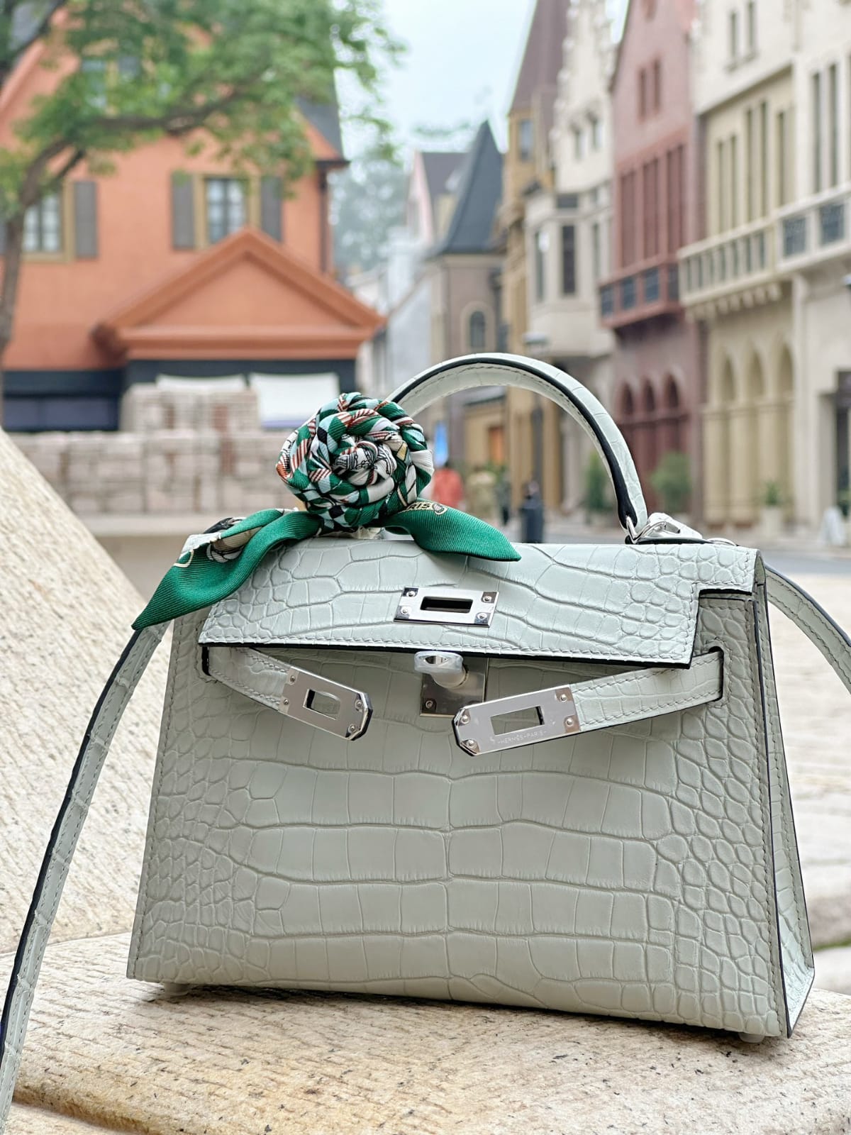 HERMES Inspired Mini Kelly II Vert d’Eau (6U) Matte Alligator Palladium hardware