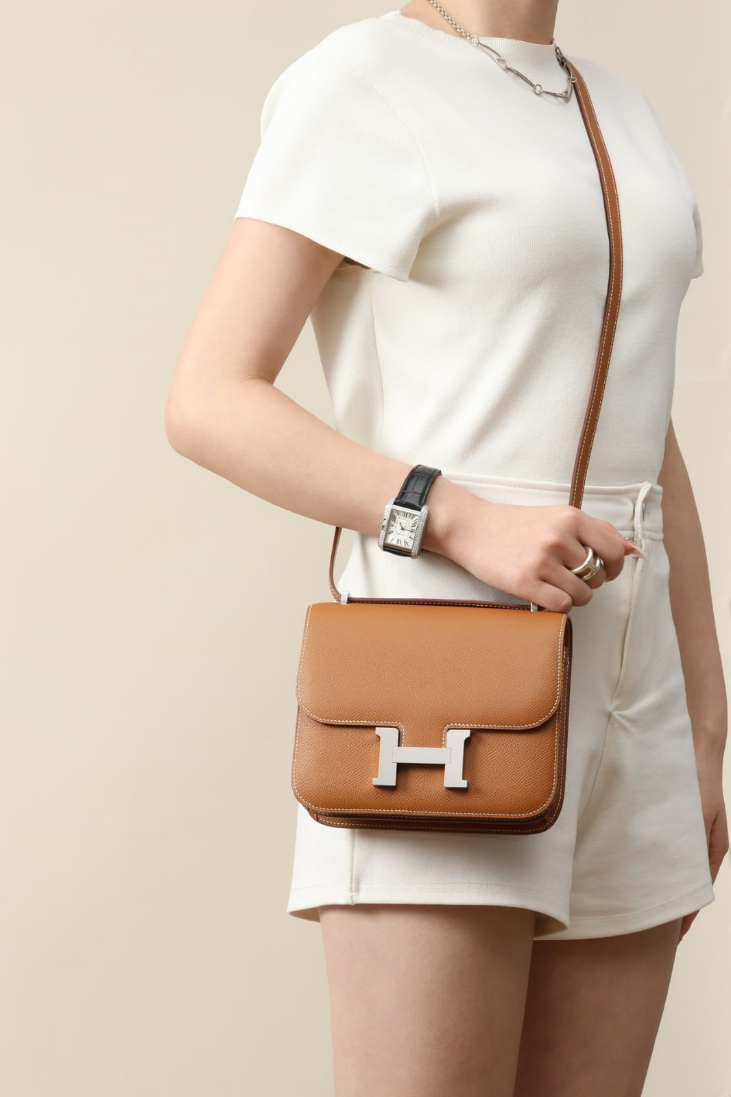 HERMES Inspired Constance 24 shoulder bag in Gold Epsom leather with Palladium hardware