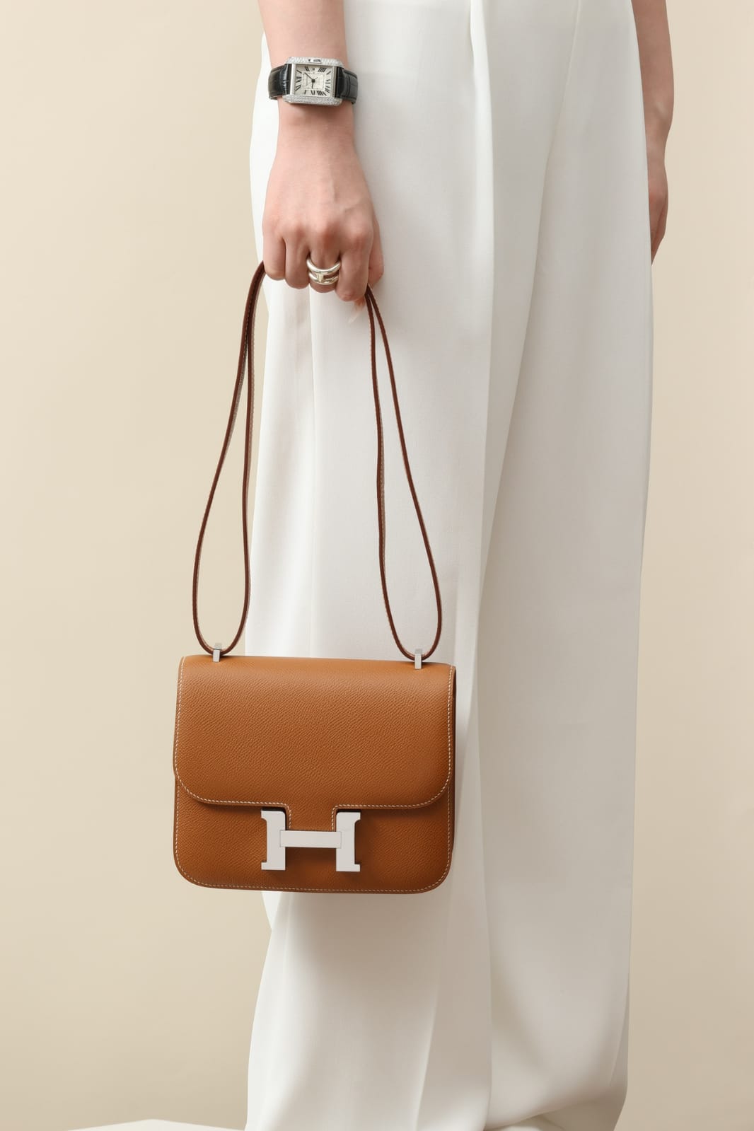 HERMES Inspired Constance 24 shoulder bag in Gold Epsom leather with Palladium hardware