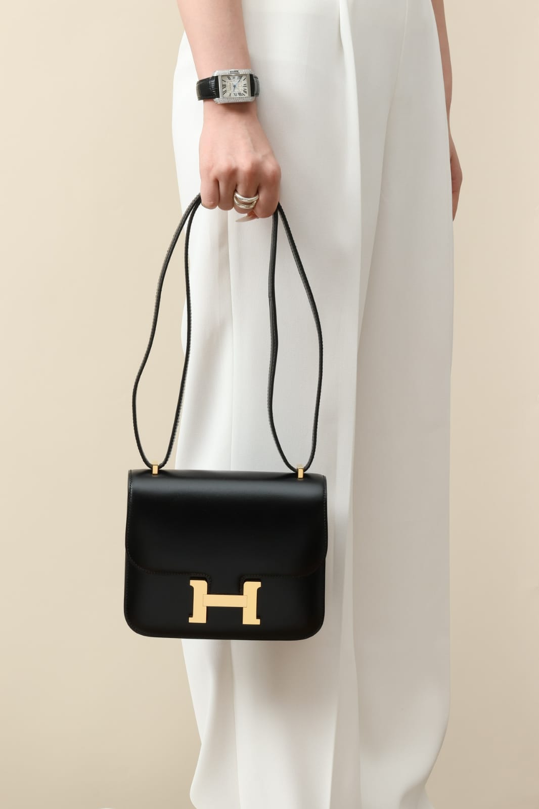 HERMES Inspired Constance Mini 19 shoulder bag in Black Swift leather with Gold hardware