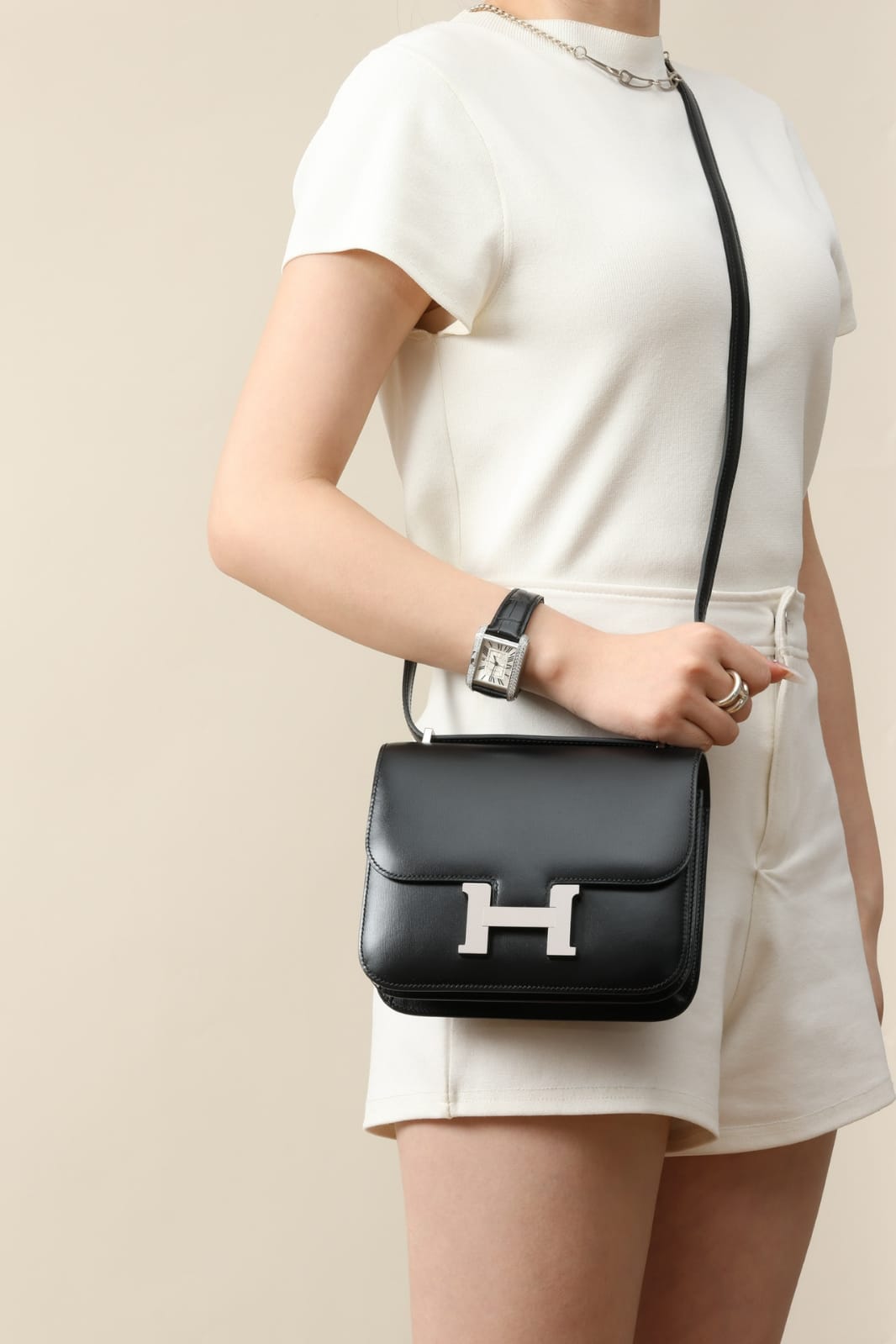HERMES Inspired Constance Mini 19 shoulder bag in Black Swift leather with Gold hardware