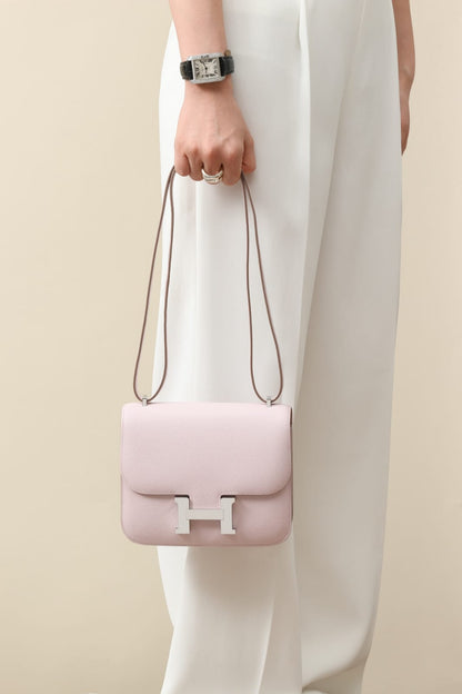 HERMES Inspired Constance Mini 19 shoulder bag in Rose Sakura Swift leather with Palladium hardware