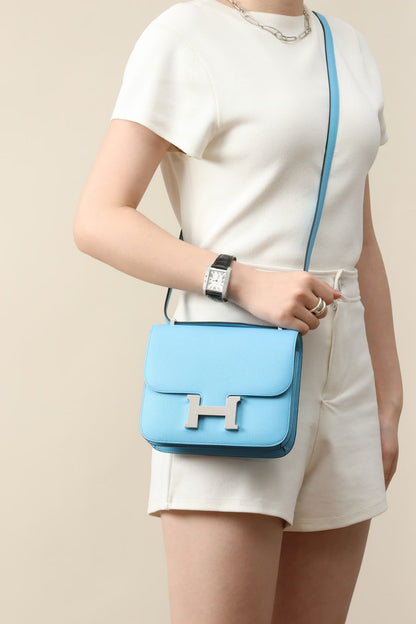 HERMES Inspired Constance Mini 19 Shoulder bag in Celeste Epsom leather with Palladium hardware
