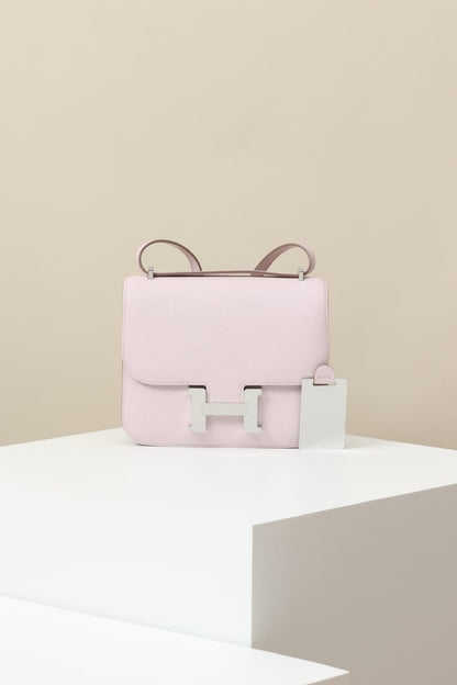 HERMES Inspired Constance Mini 19 shoulder bag in Rose Sakura Swift leather with Palladium hardware
