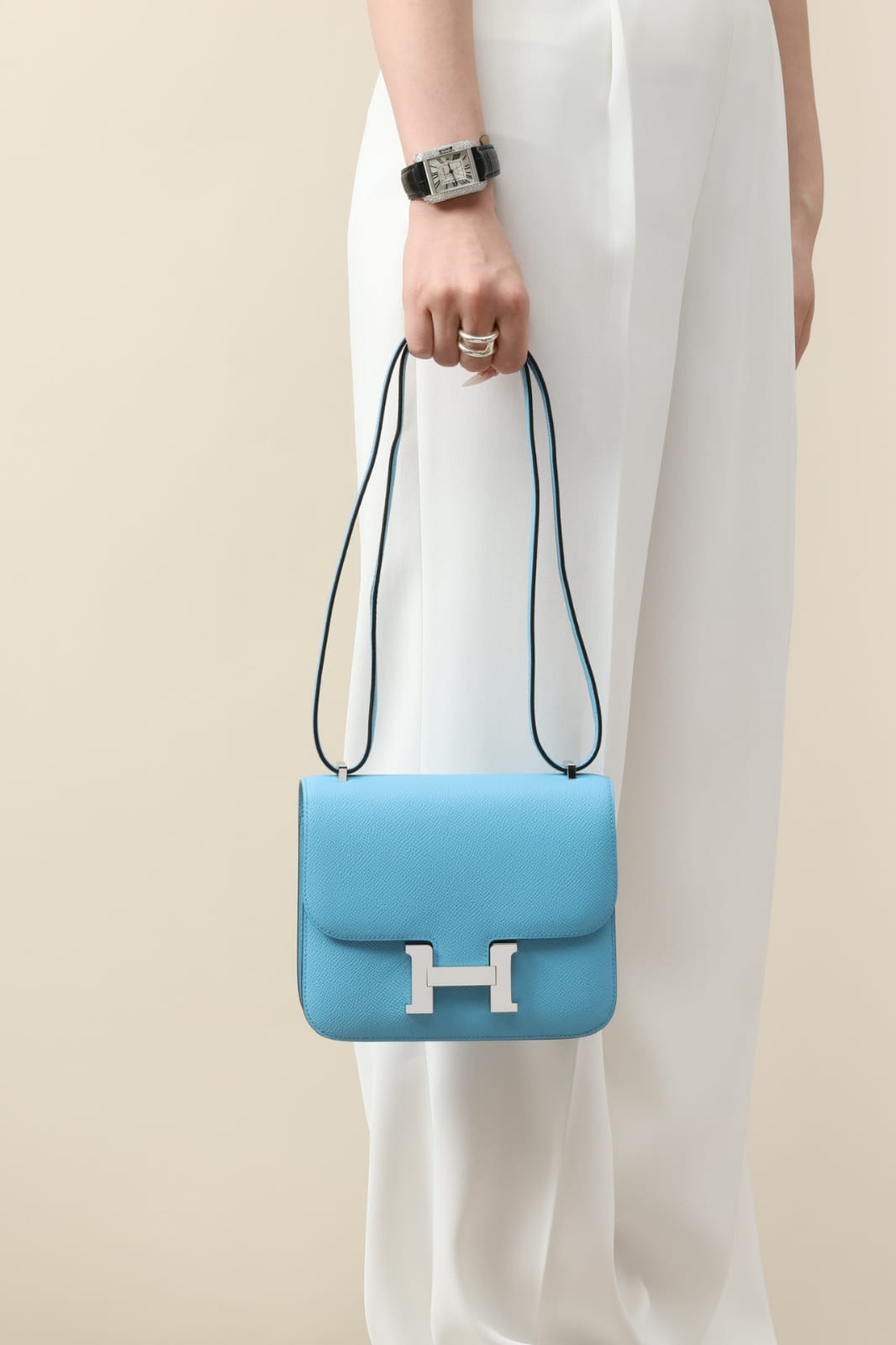 HERMES Inspired Constance Mini 19 Shoulder bag in Celeste Epsom leather with Palladium hardware
