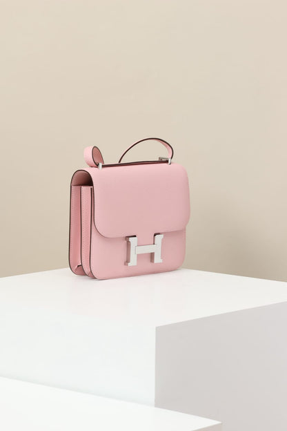 HERMES Inspired Constance Mini 19 shoulder bag in Rose Sakura Swift leather with Palladium hardware