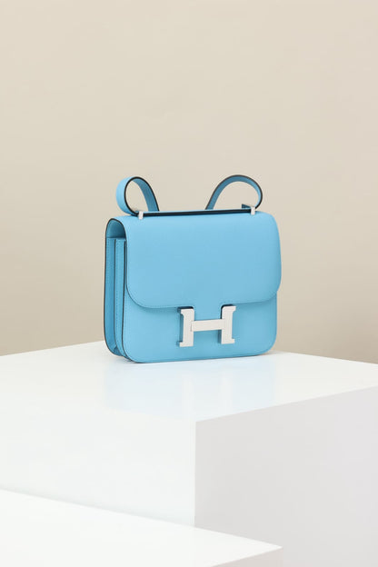 HERMES Inspired Constance Mini 19 Shoulder bag in Celeste Epsom leather with Palladium hardware