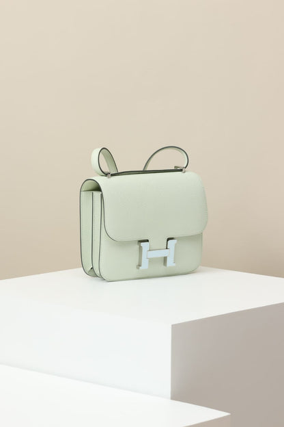 HERMES Inspired Constance Mini 19 shoulder bag in Vert Fizz Epsom leather with Palladium hardware