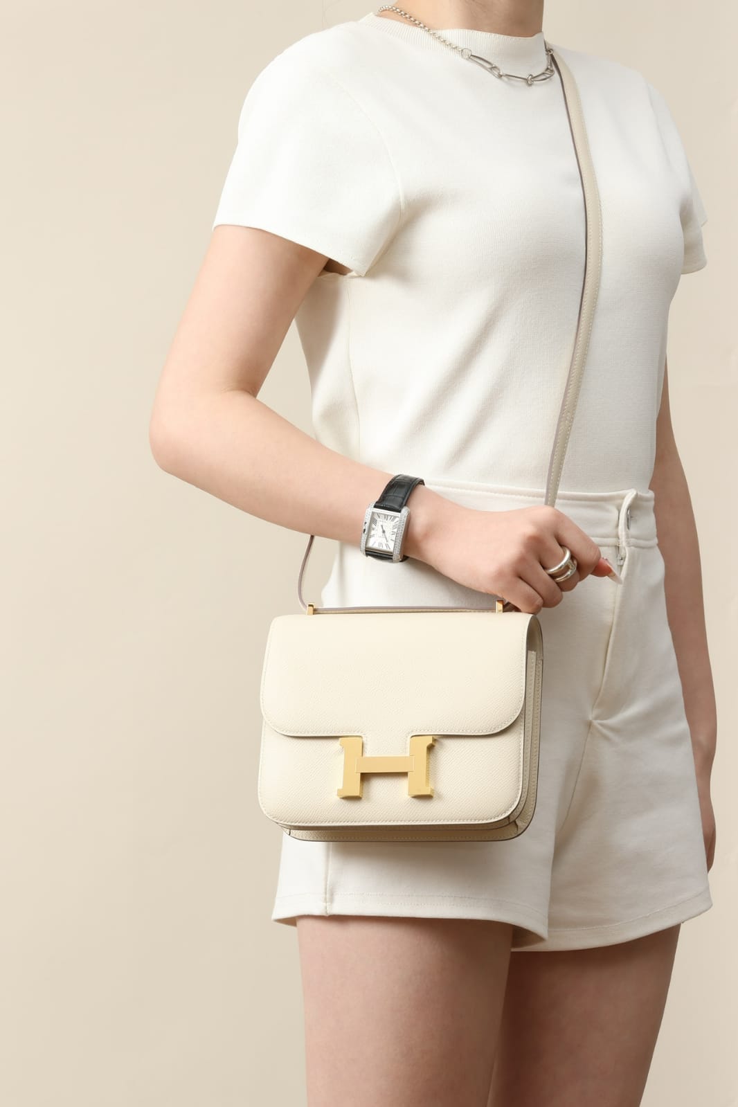 HERMES Inspired Constance 24 shoulder bag in Craie Epsom leather with Rose Gold hardware
