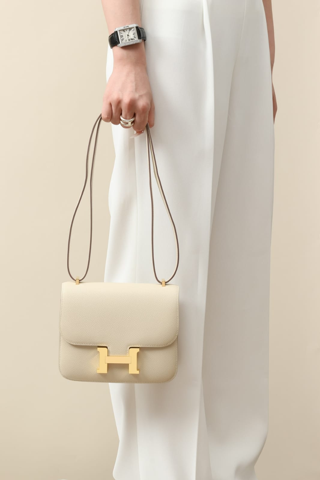 HERMES Inspired Constance 24 shoulder bag in Craie Epsom leather with Rose Gold hardware
