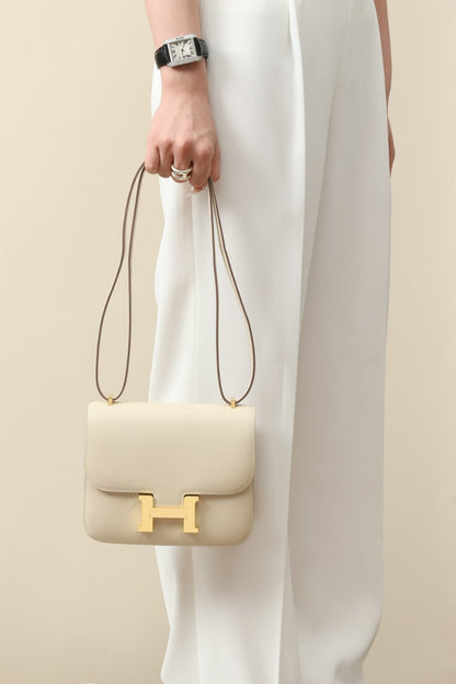 HERMES Inspired Constance 24 shoulder bag in Craie Epsom leather with Rose Gold hardware
