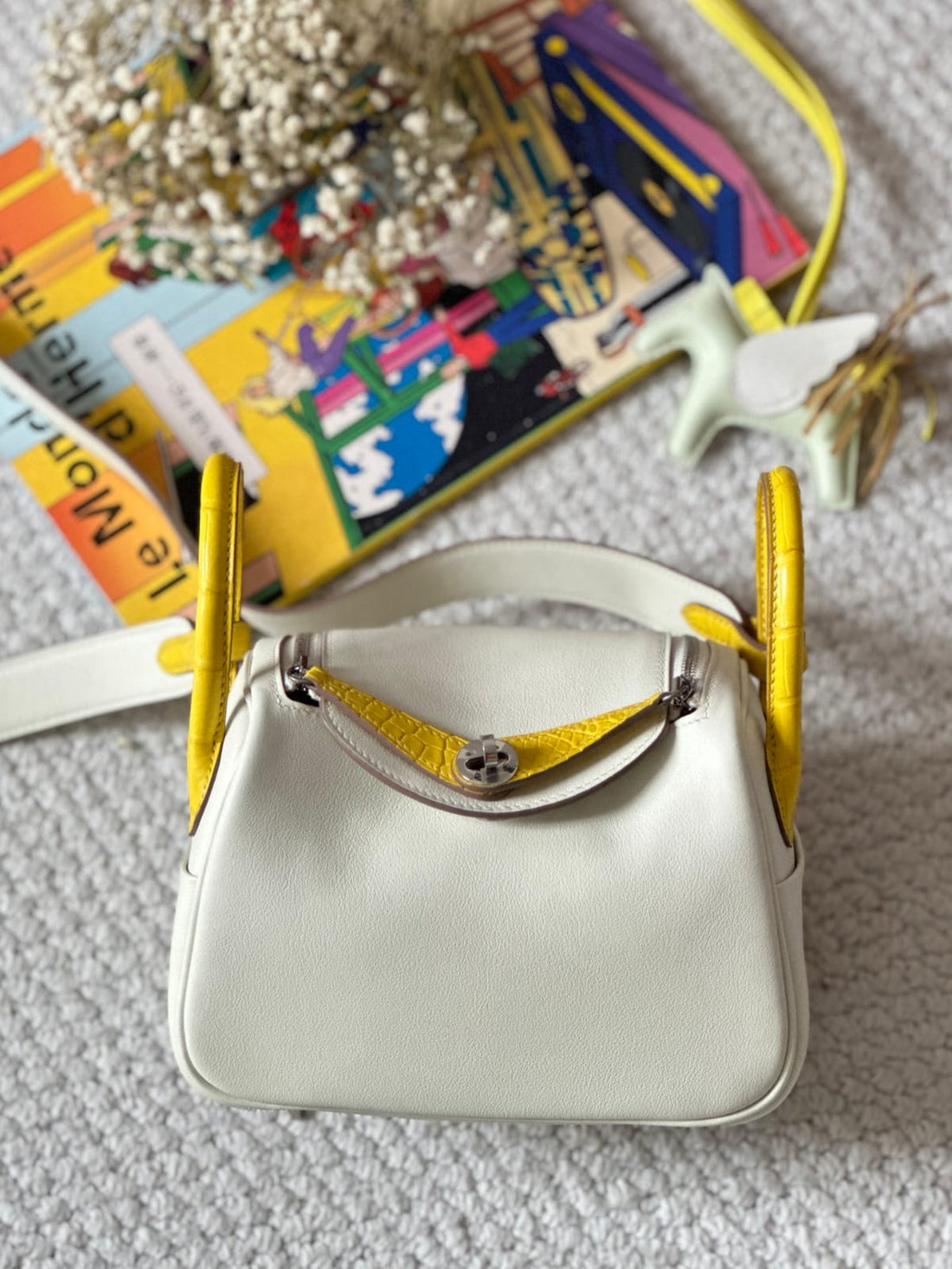 Hermes Inspired Mini Lindy Swift &amp; Crocodile OT Mushroom White &amp; M9 Calendula Yellow Silver Hardware by Pochette Bag