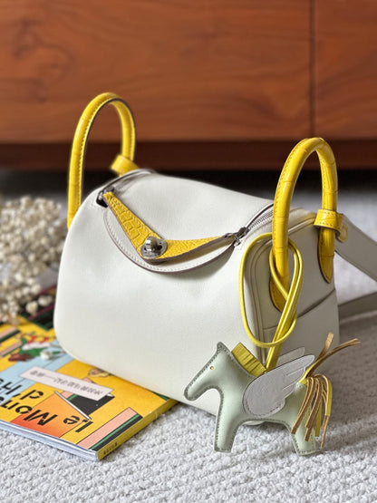 Hermes Inspired Mini Lindy Swift &amp; Crocodile OT Mushroom White &amp; M9 Calendula Yellow Silver Hardware by Pochette Bag