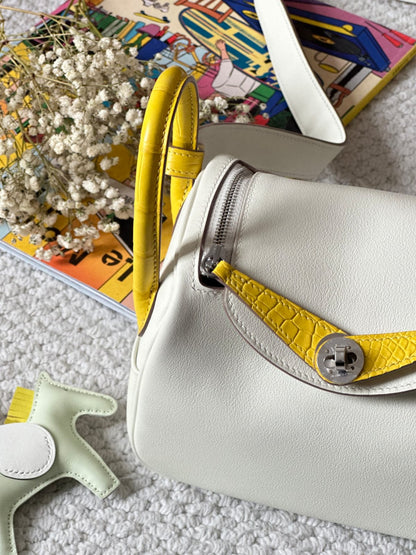 Hermes Inspired Mini Lindy Swift &amp; Crocodile OT Mushroom White &amp; M9 Calendula Yellow Silver Hardware by Pochette Bag