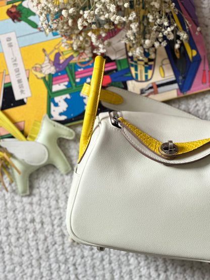 Hermes Inspired Mini Lindy Swift &amp; Crocodile OT Mushroom White &amp; M9 Calendula Yellow Silver Hardware by Pochette Bag