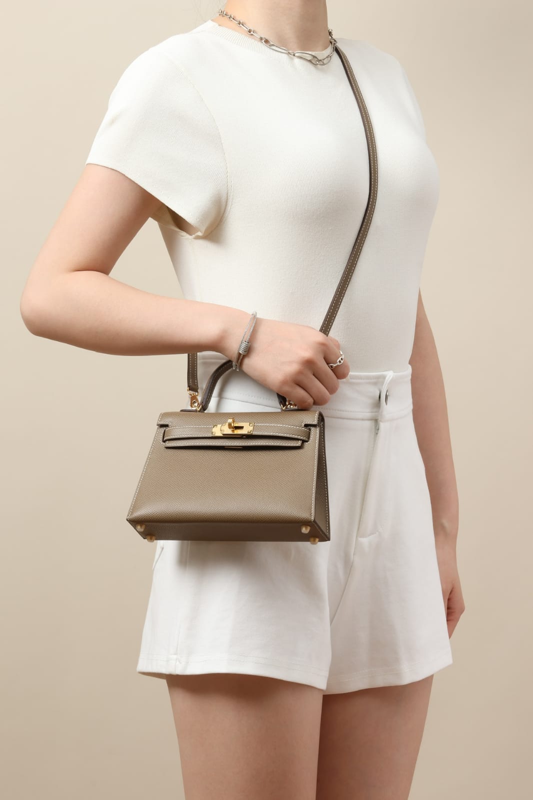 Hermes Inspired Kelly Sellier 25 Etoupe Epsom Gold Hardware