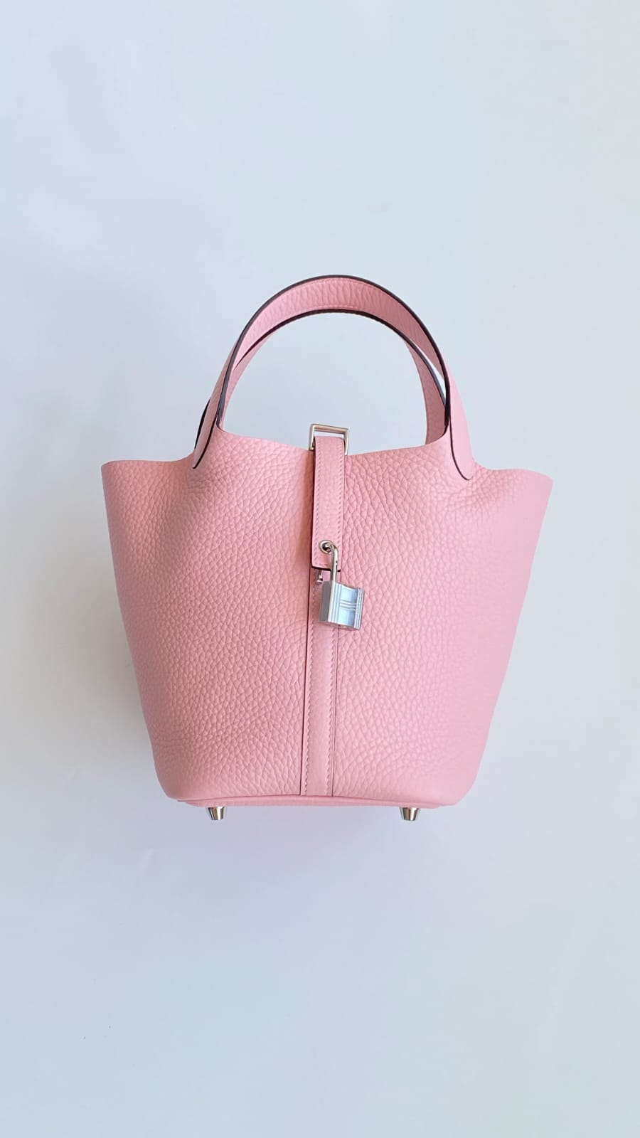 HERMES Inspired Picotin Lock PM handbag in Rose Sakura Clemence leather with Palladium hardware