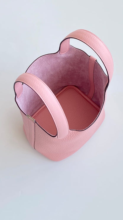 HERMES Inspired Picotin Lock PM handbag in Rose Sakura Clemence leather with Palladium hardware