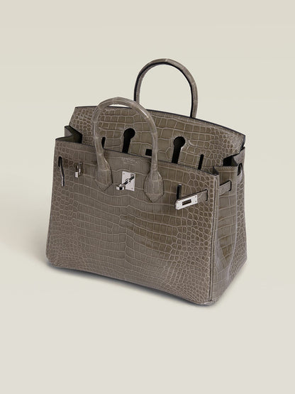 HERMES Inspired Birkin 30 Gris Elephant (8C) Matte Porosus Crocodile Palladium hardware