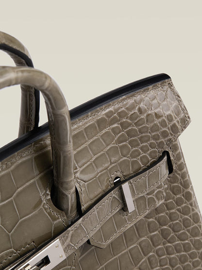 HERMES Inspired Birkin 30 Gris Elephant (8C) Matte Porosus Crocodile Palladium hardware
