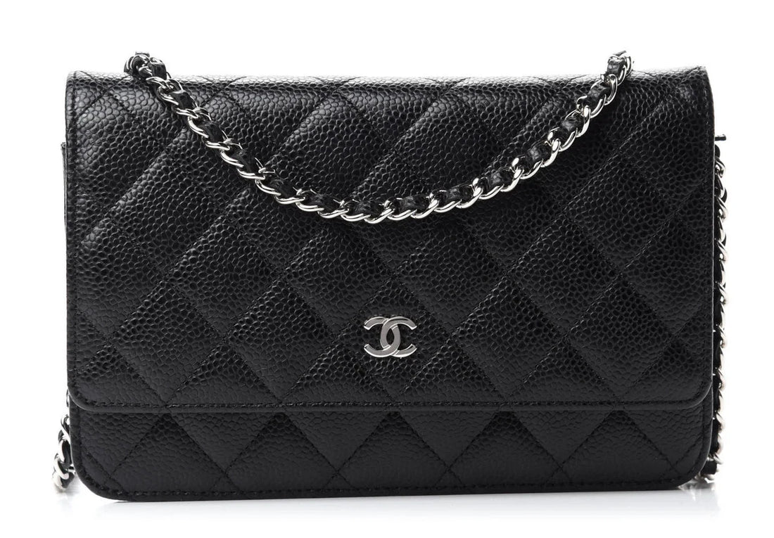 Chanel inspired WOC wallet on chain black caviar silver hardware - pochettereps