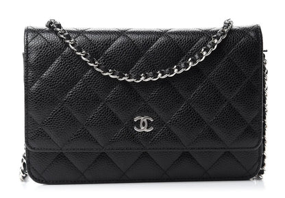 Chanel inspired WOC wallet on chain black caviar silver hardware - pochettereps